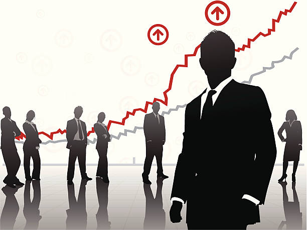 Business people's silhouettes standing under graphs vector art illustration