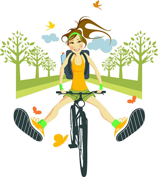 Illustration of happy woman riding a bike A cheerful girl on a bike. Eps and hi-res jpg. feet up stock illustrations