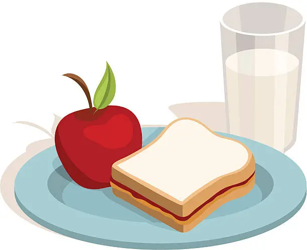 Vector illustration of Lunch: Peanut butter and Jelly Sandwich with Apple, Milk