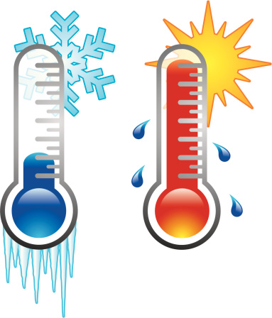 A set of two thermometer icons, one cold and one hot.