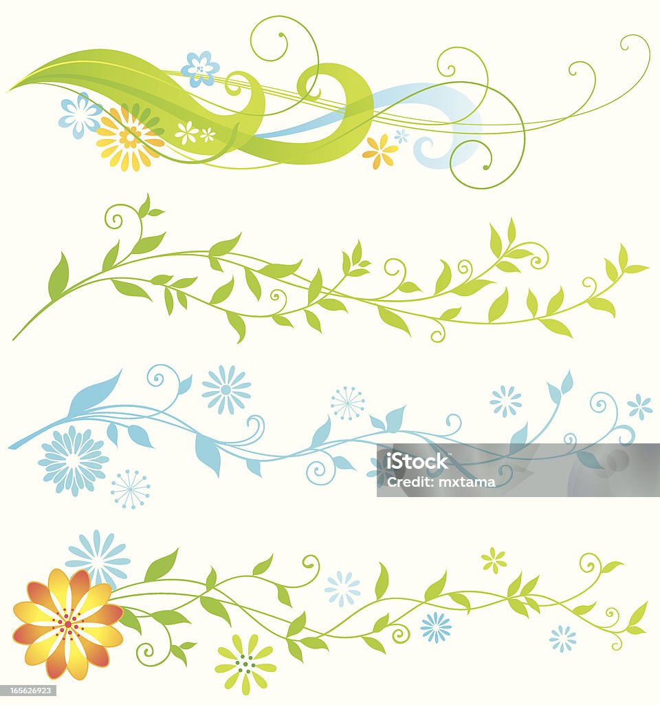 Flowing Borders Four individual borders with flowing scrolls, vines and flowers. Hi res jpeg included.Scroll down to see more of my illustrations linked below. Vine - Plant stock vector