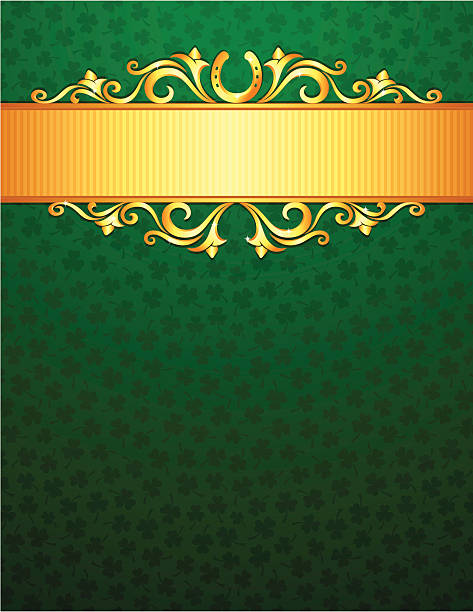 Background theme of st Patrick's day St Patricks day background with golden ribbon and decorations. Image contains radial illustrator gradients. gold clover stock illustrations
