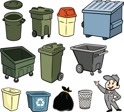 A illustration of a garbage man and trash cans