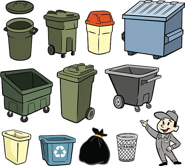Vector illustration of A illustration of a garbage man and trash cans