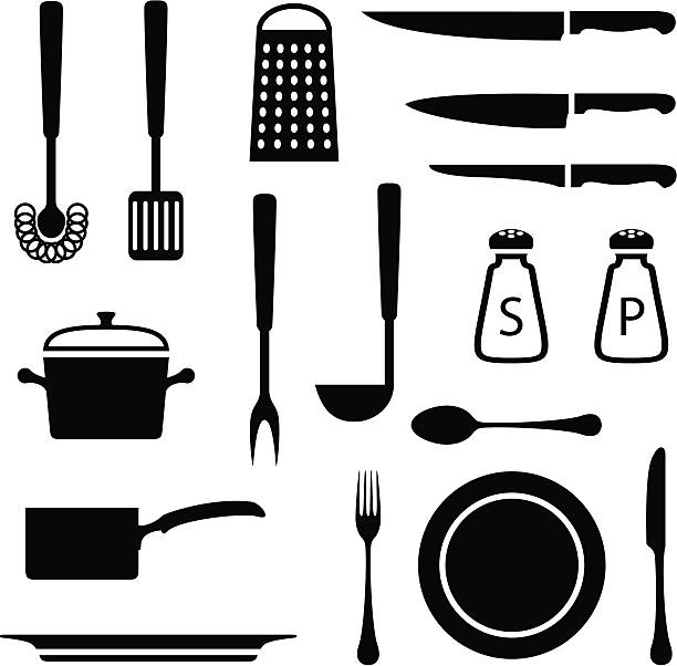 Black set of kitchen icons on white background vector art illustration