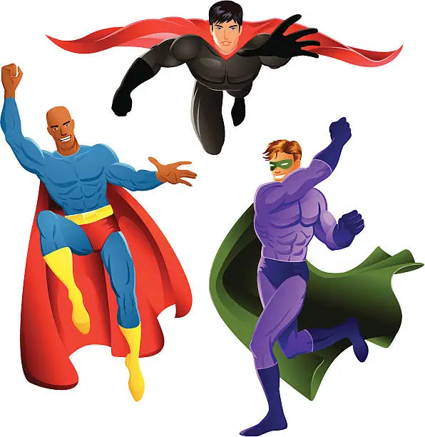 Vector illustration of Set of Three Cartoon Superheroes in Costume and Poses