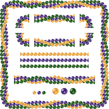 Vector illustration of seamless shiny Mardi Gras beads. There were NO gradients, meshes or blends used to create this file so bead strands can easily make excellent brushes with vector editing software. Frame, borders, corners and seamless bead strands are all included for easy construction of different size frames. Includes ai8.eps & .jpeg file formats.