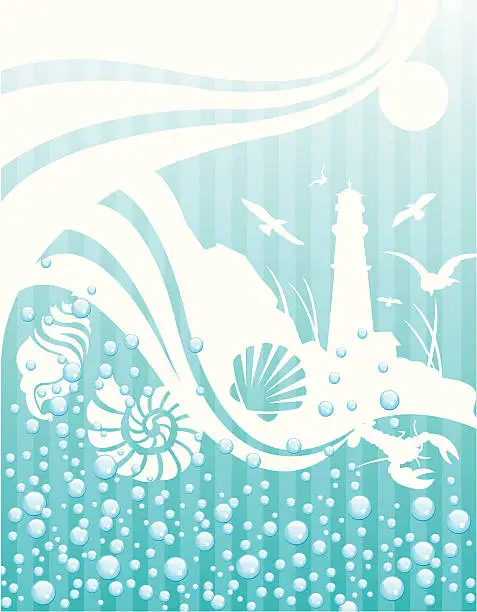 Vector illustration of Lighthouse, Shells and Bubbles Background