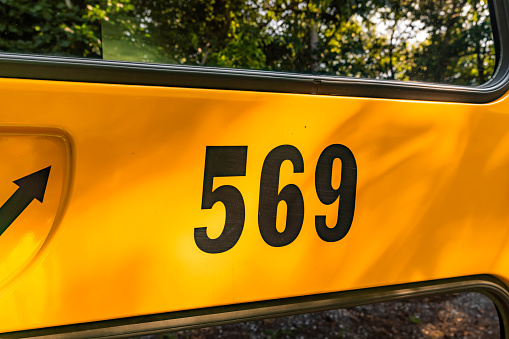 Back of a parked yellow school bus number 569