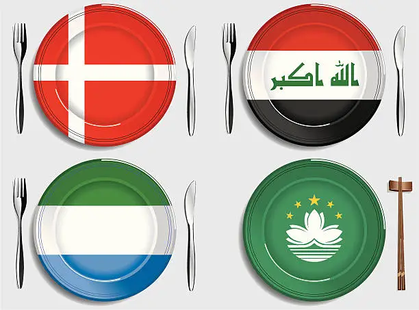 Vector illustration of Food-Denmark-Iraq-Sierra Leone-Macao