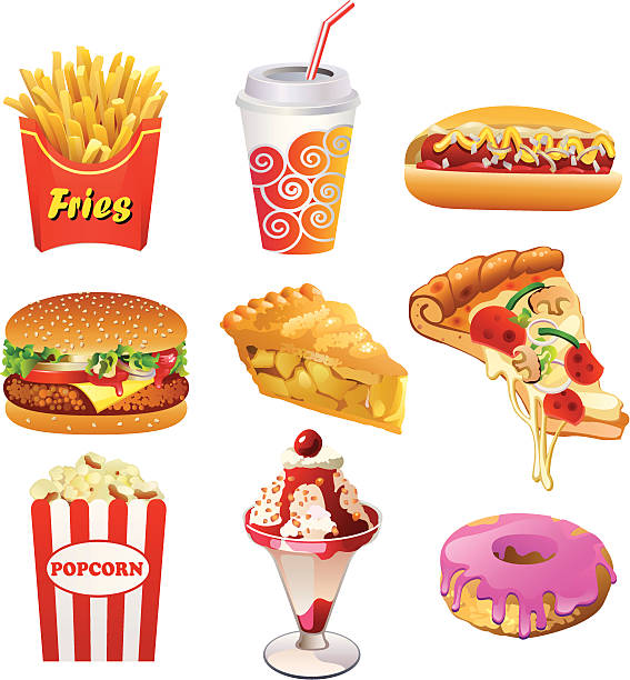 Fastfood Vector illustration of food set for your web page, interactive, presentation, print, and all sorts of design need.  apple pie cheese stock illustrations