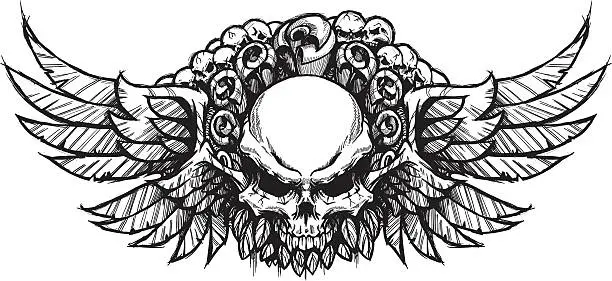 Vector illustration of Double Winged Skull & Roses B&W