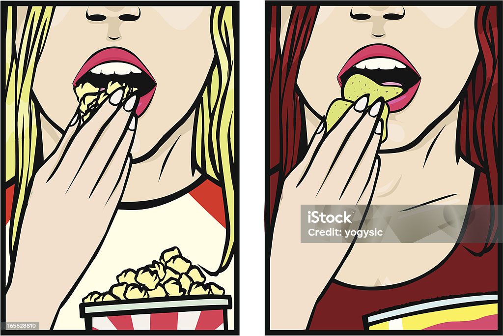 Girls eating snacks Comic style illustration of girls eating snacks, zoomed in to the mouth Eating stock vector