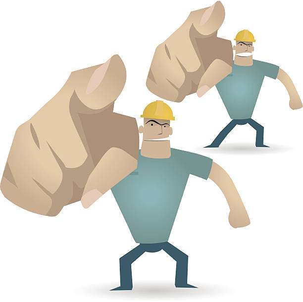 Gesturing(Hand Sign): Foreman(workman) pointing at you. Under Construction ( watch out ) A Foreman(workman) pointing at you.  hardhat roadblock boundary barricade stock illustrations