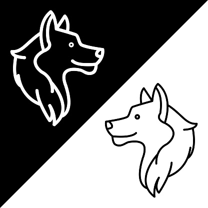 Wolf Vector Icon, Lineal style icon, from Animal Head icons collection, isolated on Black and white Background.