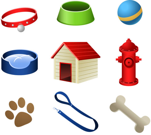 Dog Puppy pets icons collar dish house paw bone leash Dog pets stuff icons, with collar, dog dish, ball, water dish, dog house, dog water bomb, paw print, dog leash and dog bone vector illustration.  pet toy stock illustrations