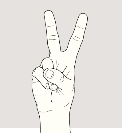 A line art illustration of a hand forming the victory/peace sign. Additional formats: AI & PDF. A variety of other hand positions is available. 