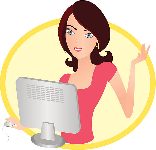 Girl using computer vector art illustration