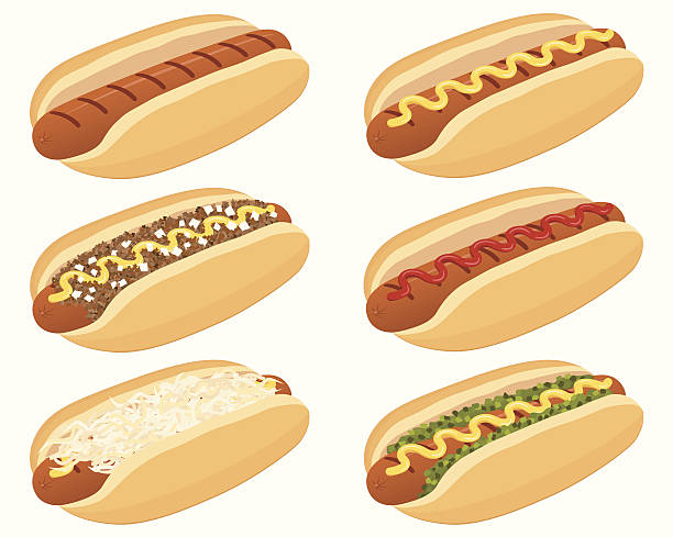 illustrazioni stock, clip art, cartoni animati e icone di tendenza di hot dog - meat bratwurst sausage sauerkraut