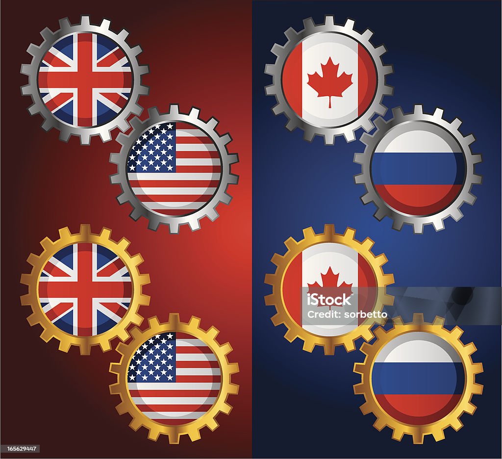 Golden & Silver Gear with National Flag Metallic Gear with UK, America, Canada and Russia Flags. Zip contains AI and PDF format.  American Flag stock vector