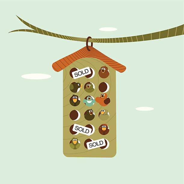 Sold Apartment building for birds with some sold apartments. cartoon of a sold real estate sign stock illustrations