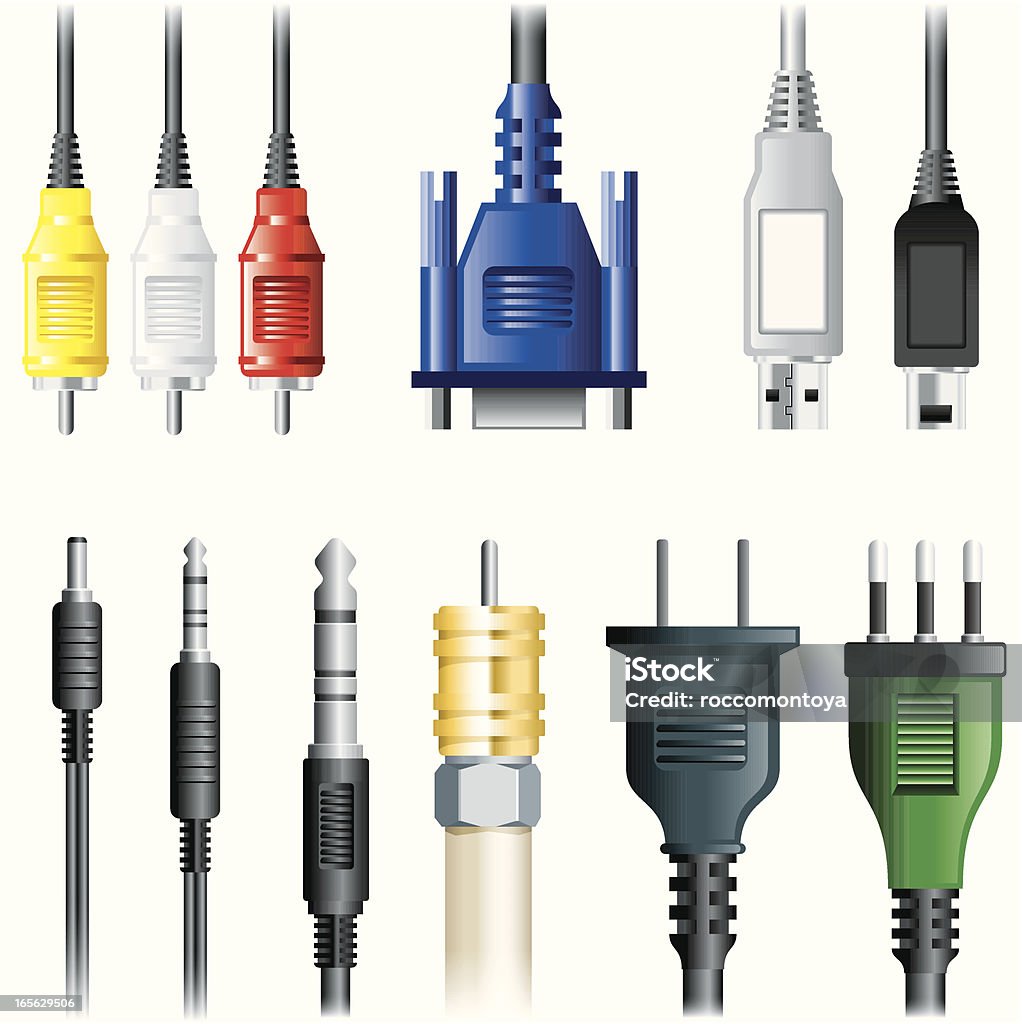 Icono conjunto, conectores macho y Cables - arte vectorial de Conector de conexión a red local libre de derechos
