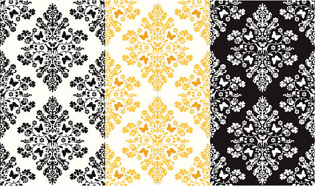 ilustraciones, imágenes clip art, dibujos animados e iconos de stock de mariposa sin costuras floral patrón damascena y de fibra de vidrio - silk black backgrounds pattern