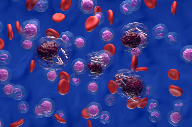 Chronic lymphocytic leukemia (CLL) cells in blood flow - isometric view 3d illustration stock photo