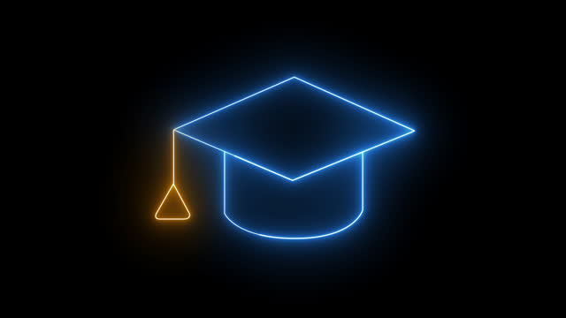 Glowing neon line of graduation cap with tessel icon isolated on transparent background. Education congratulation, graduation ceremony and knowledge learning concept. 4K Video motion graphic animation