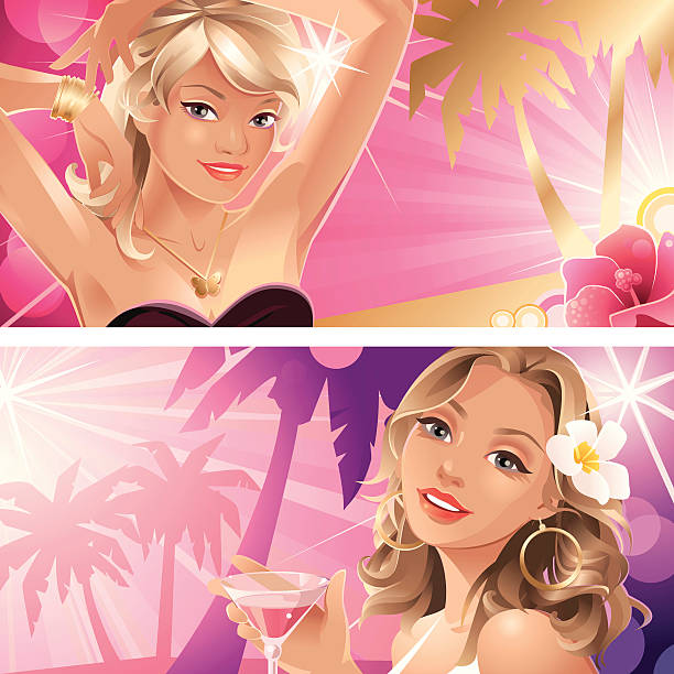 Deux jolies femmes sur un fond Rose Fête de l'été à la plage - Illustration vectorielle