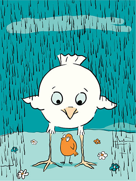 Bird Brains - Shelter from the Rain help friends A cartoon of little bird sheltering from the rain, with the help of a much larger friend. Drawn in a hand drawn scribbly style. Birds and background are on separate layers. Pdf and jpg files are included. birdbrain stock illustrations