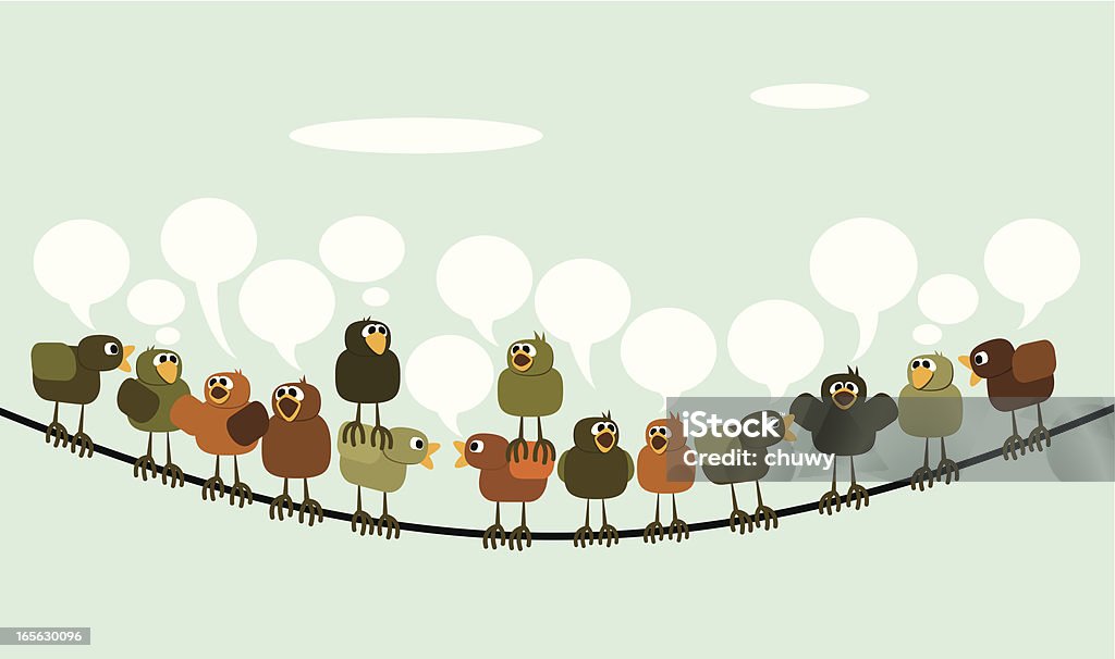 Tweeting Group of chickens standing on a telegraph wire and chattering to each other. Empty speech bubbles for you to write whatever you want. Bird stock vector