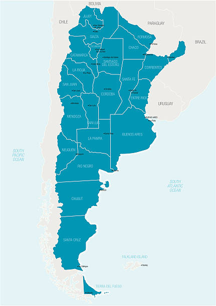 A blue and white graphic map of Argentina Detailed vector map of Argentina with border states, provinces and main cities. cordoba argentina stock illustrations