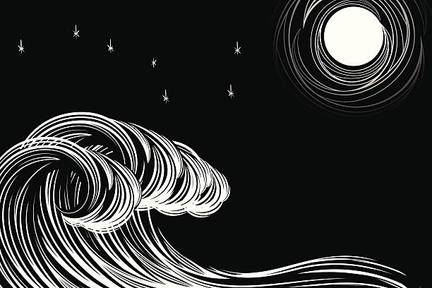 Moonlit Waves Woodcut style moonlit waves. moonlight illustrations stock illustrations