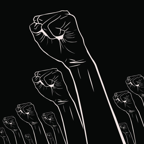 Gesturing(Hand Sign): Clenched fists held high in protest Vector illustration of Clenched fists held high in protest. abhor stock illustrations