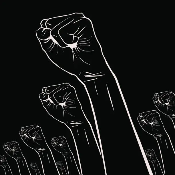 Vector illustration of Gesturing(Hand Sign): Clenched fists held high in protest