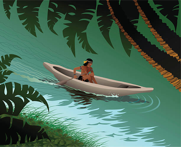 stockillustraties, clipart, cartoons en iconen met in the amazon river - kano op rivier