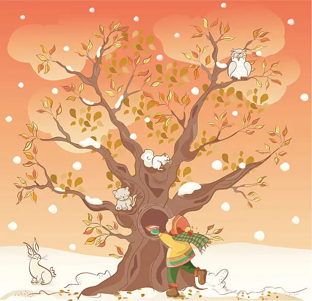 Vector illustration of Little Boy Coaxing Kitten Out of Tree in Winter