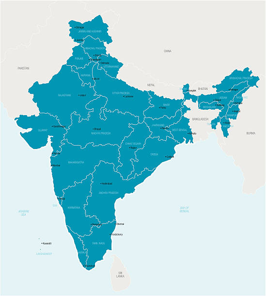 Map of India showing provinces Detailed vector map of India with border states, administrative divisions and main cities. bay of bengal stock illustrations