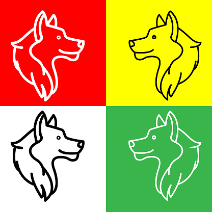 Wolf Vector Icon, Lineal style icon, from Animal Head icons collection, isolated on Red, Yellow, White and Green Background.