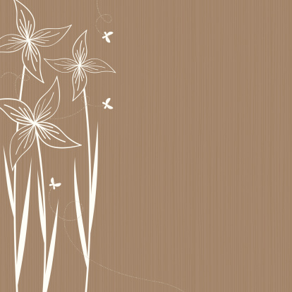 Brown/neutral background with white silhouette of some tall flowers and flying insects.