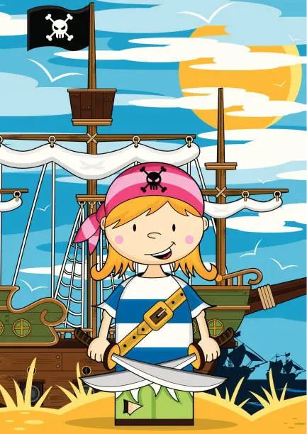 Vector illustration of Girl Pirate Crewman Ship Scene