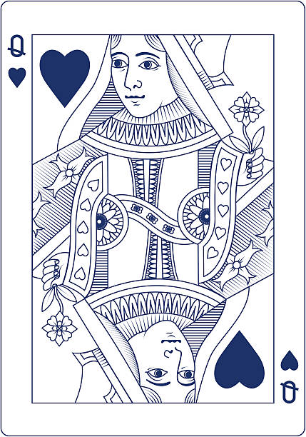 Queen of Hearts in blue line playing card vector art illustration