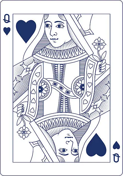 Vector illustration of Queen of Hearts in blue line playing card