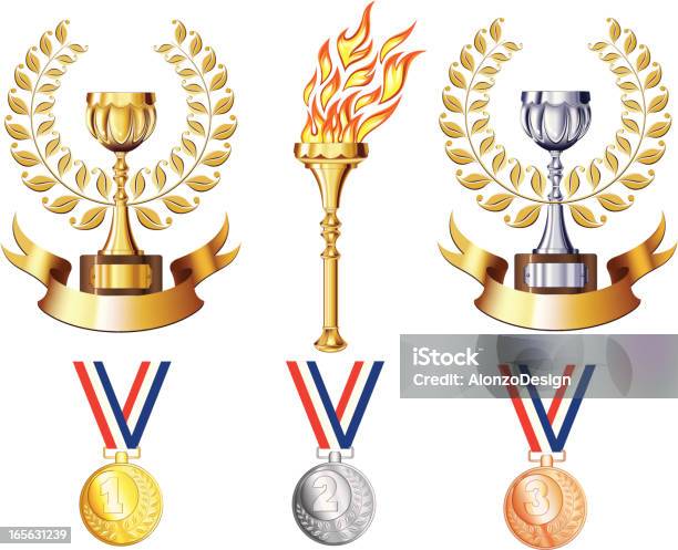 Vetores de Conjunto De Prêmios e mais imagens de Medalha de ouro - Medalha de ouro, Tocha Olímpica - Tocha de Fogo, Vector