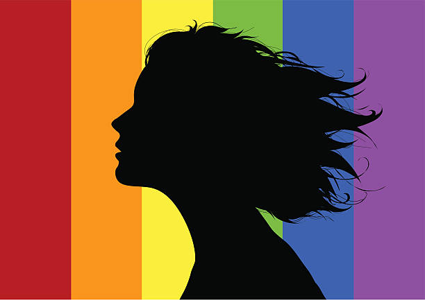 Gay girl Girls profile on front of a rainbow flag. tousled stock illustrations