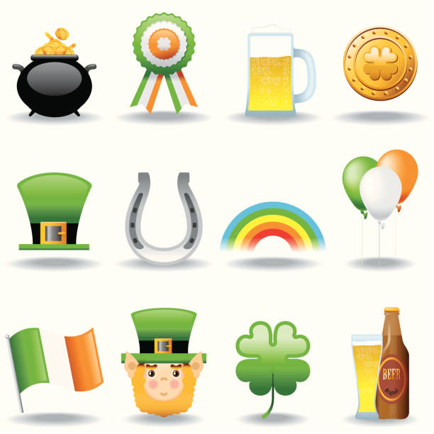 illustrazioni stock, clip art, cartoni animati e icone di tendenza di set di icone di st. patrick giorno - horseshoe gold good luck charm symbol