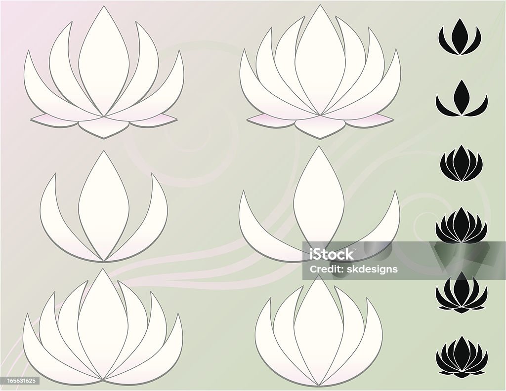 Lotus Flowers, Water Lilies Set in Several Versions, Icons, Background A set of beautiful, peaceful stylized water lilies - aka lotus flowers - in six versions, along with optional background. Flowers in pastel pink and white with light gray edging and also in black with white edging. Use as icons, design elements, logo elements, individually, together, whatever you wish. Black Color stock vector