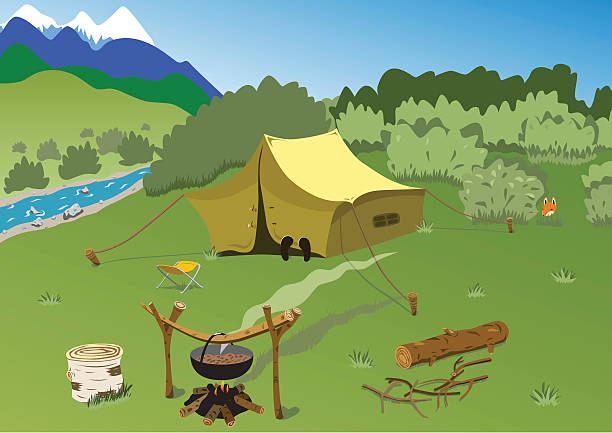 Tourist camp on the mountain river bank Tourist sleeping in the tent on the mountain river bank, campfire and fox pepping from behind the bush. EPS and AI vector illustration files included. fire fox stock illustrations