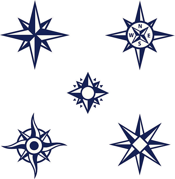 An assortment of dark blue compass symbols Five different compass symbols. nautical compass stock illustrations